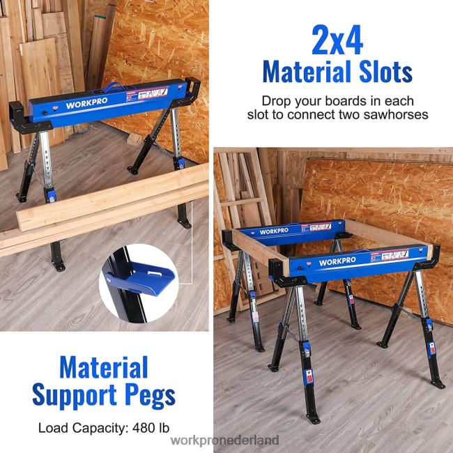 opslag WORKPRO 2 stuks opklapbaar zaagbok, verstelbaar zwaar zaagbok met 2x4 steunarmen, 3000 lbs laadvermogen, 24-32 inch in hoogte verstelbare poten, draaibare voeten en steunharingen nieuw 4NVZH835