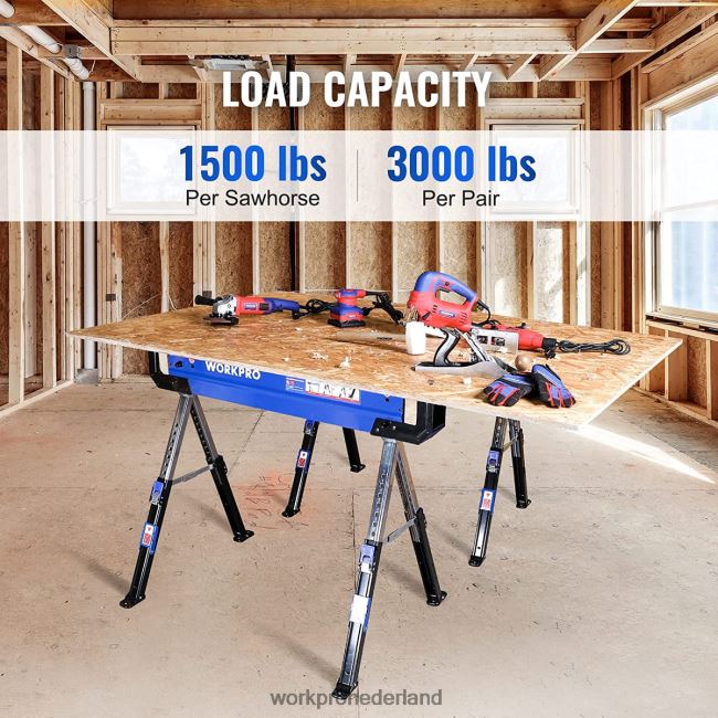 opslag WORKPRO 2 stuks opklapbaar zaagbok, verstelbaar zwaar zaagbok met 2x4 steunarmen, 3000 lbs laadvermogen, 24-32 inch in hoogte verstelbare poten, draaibare voeten en steunharingen nieuw 4NVZH835